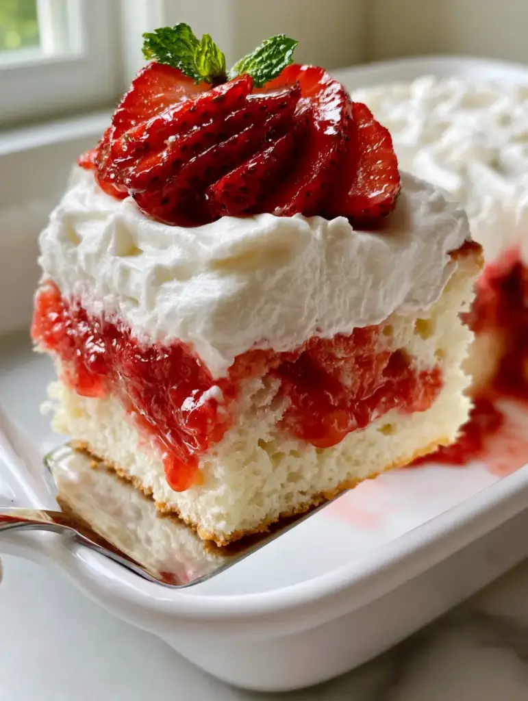 Close up of a silver cake server lifting a slice of Strawberry Shortcake Sheet Cake showing the red glaze seeping into the crumbs.
