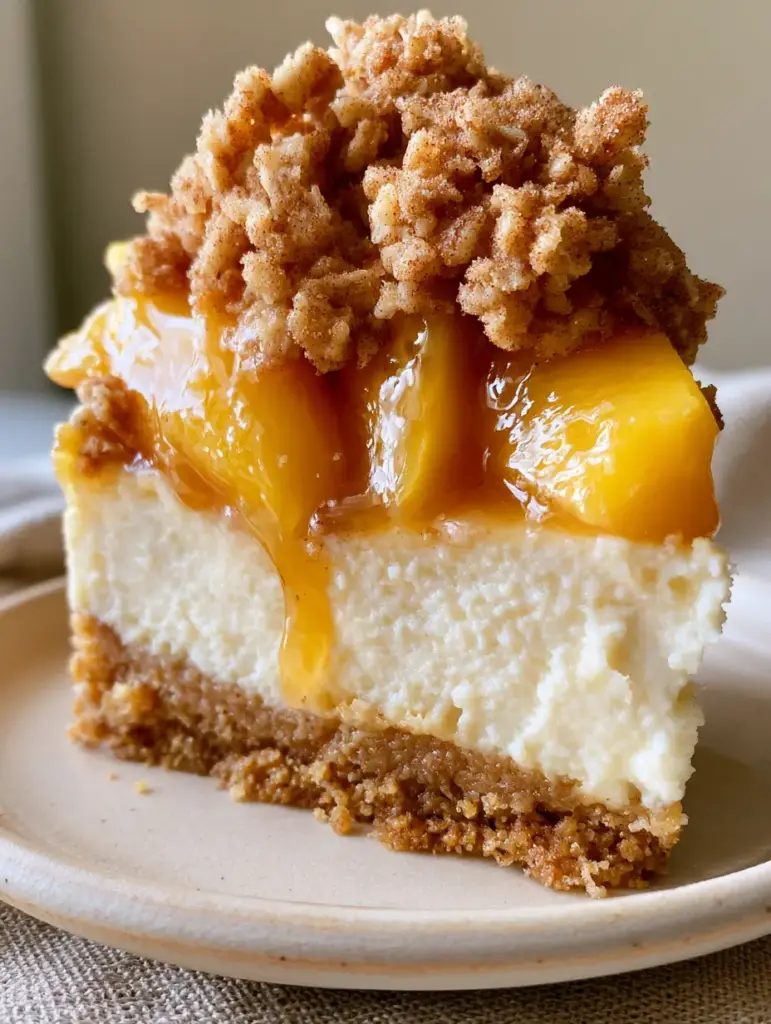Macro side profile of Peach Cobbler Cheesecake showing the dense ivory filling and buttery graham cracker crust.