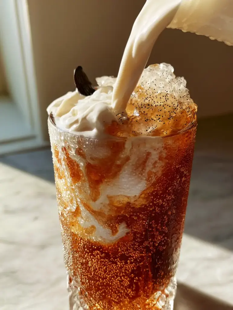 High-angle action shot of snowy white heavy cream being poured into a deep amber vanilla bourbon cream soda in a crystal glass.