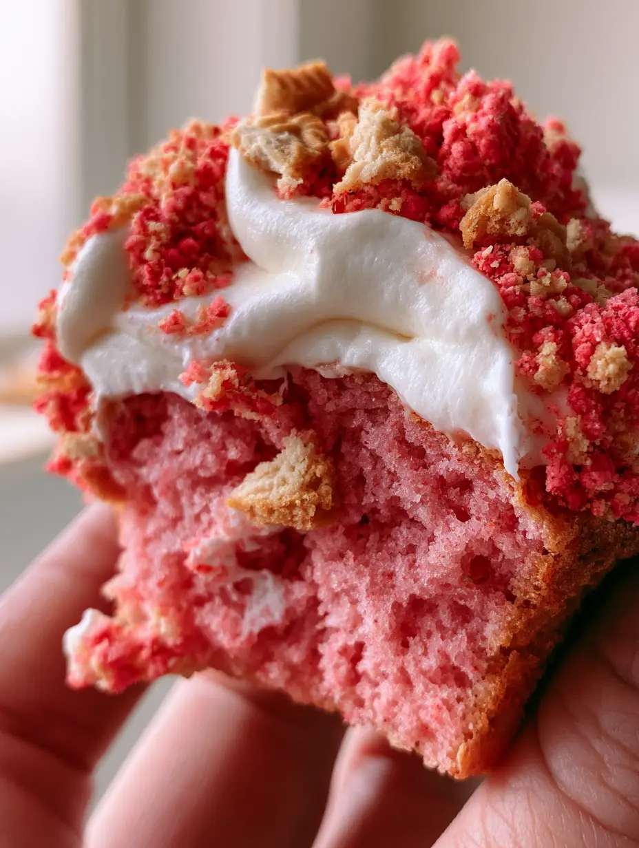 Macro cross-section of a strawberry crunch cupcake held in a hand, showing a moist pink sponge and thick white frosting. (strawberry crunch cupcakes)