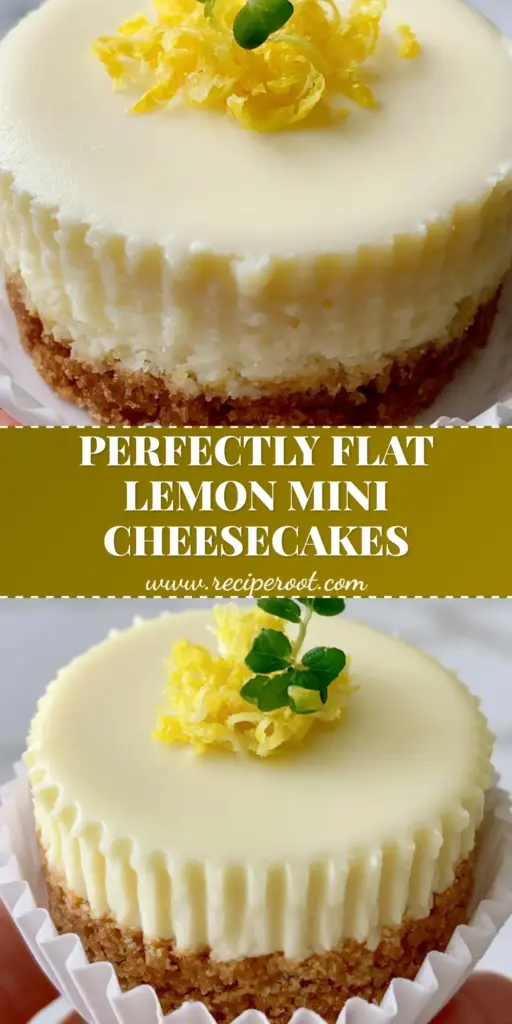 A close-up handheld shot of a Mini Lemon Cheesecake with a flat top, lemon zest curls, and a micro-mint leaf in a white pleated liner.