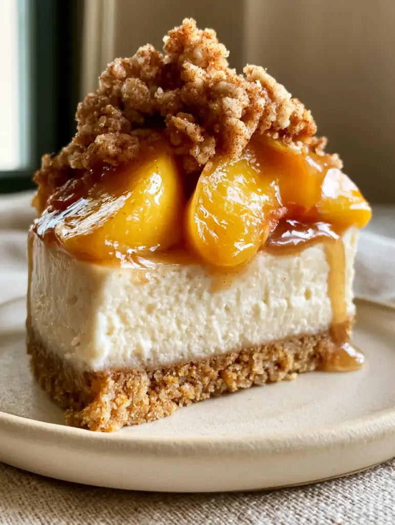 Peach Cobbler Cheesecake: The Ultimate Southern Fusion Dessert 1 Close up of the jagged golden-brown cinnamon oat crumble and glistening peaches on the Peach Cobbler Cheesecake.