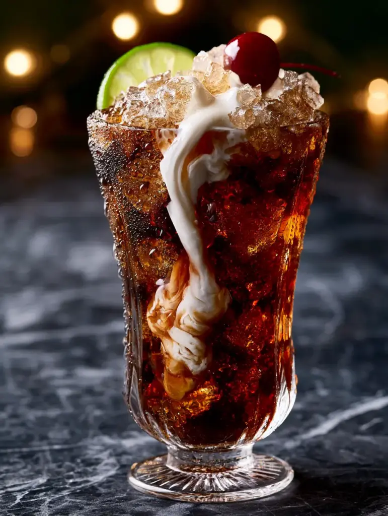 Close up shot of a Midnight Malibu Dirty Soda with effervescent bubbles and a thick stream of heavy cream pouring in.