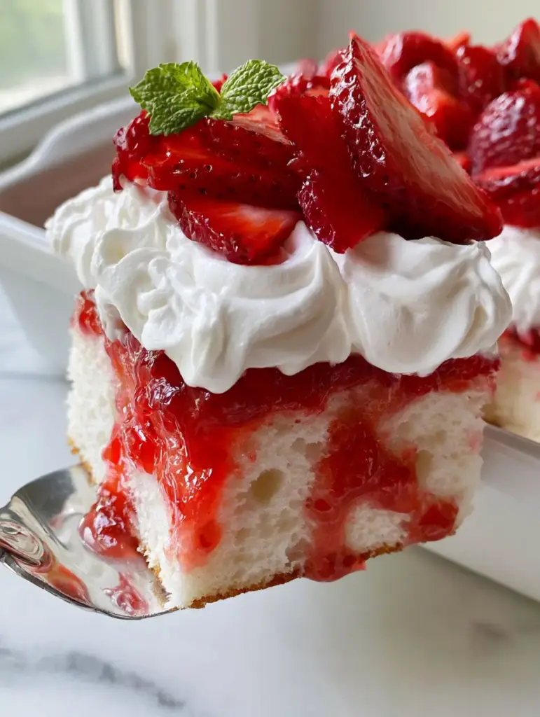 Strawberry Shortcake Sheet Cake with Fresh Strawberry Reduction 1 Top view of Strawberry Shortcake Sheet Cake covered in textured whipped cream peaks and glistening ruby-red strawberries.