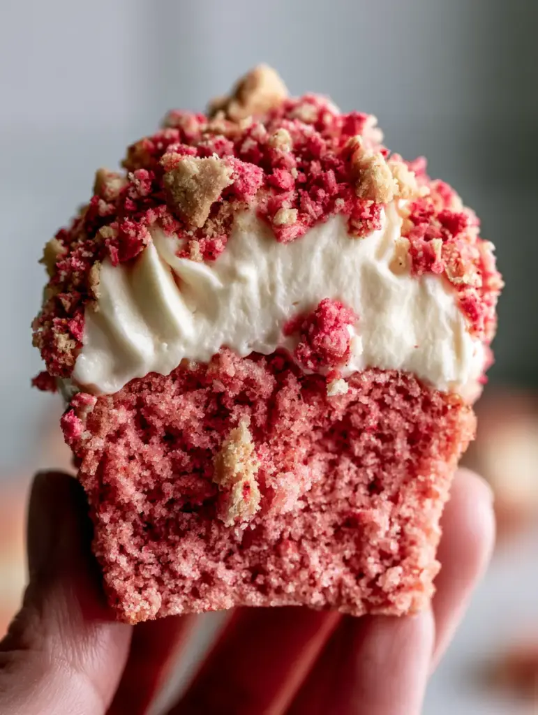 Extreme detail of the strawberry crunch topping made of Golden Oreos and pink bits falling off the thick frosting swirl.