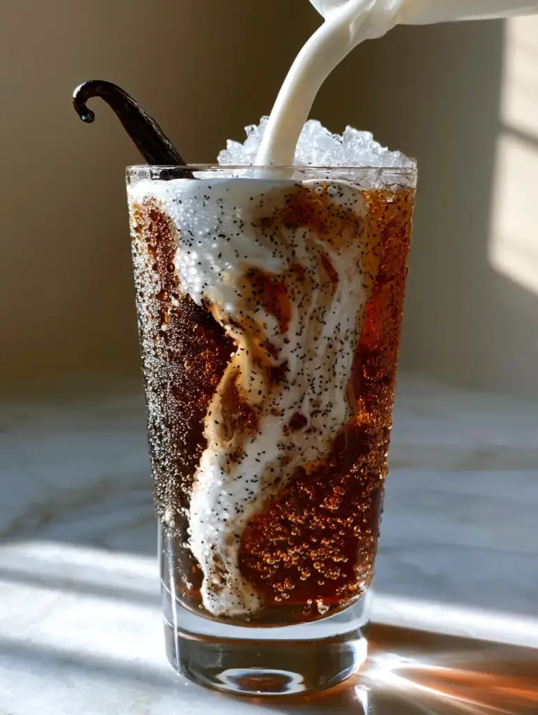 Vanilla Bourbon Cream Soda: The Ultimate Artisanal Gourmet Mocktail 1 Close-up of a vanilla bourbon cream soda showing thousands of bubbles, vanilla bean specks, and thick condensation on crystal glassware.