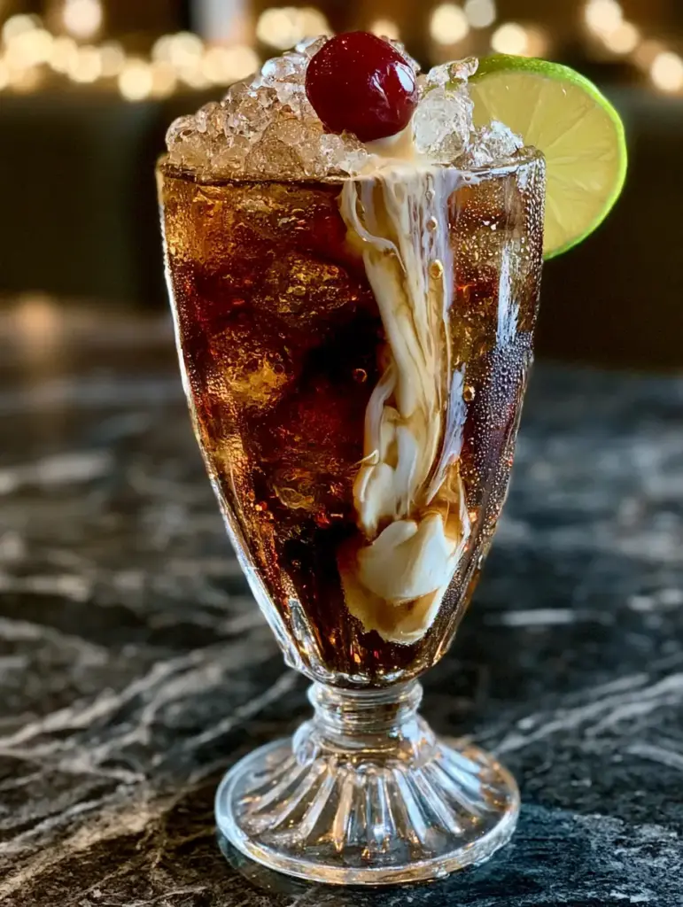 Midnight Malibu Dirty Soda with Dr Pepper and Coconut Rum 1 High angle view of a Midnight Malibu Dirty Soda with a fresh lime wheel and condensation on fluted glassware.