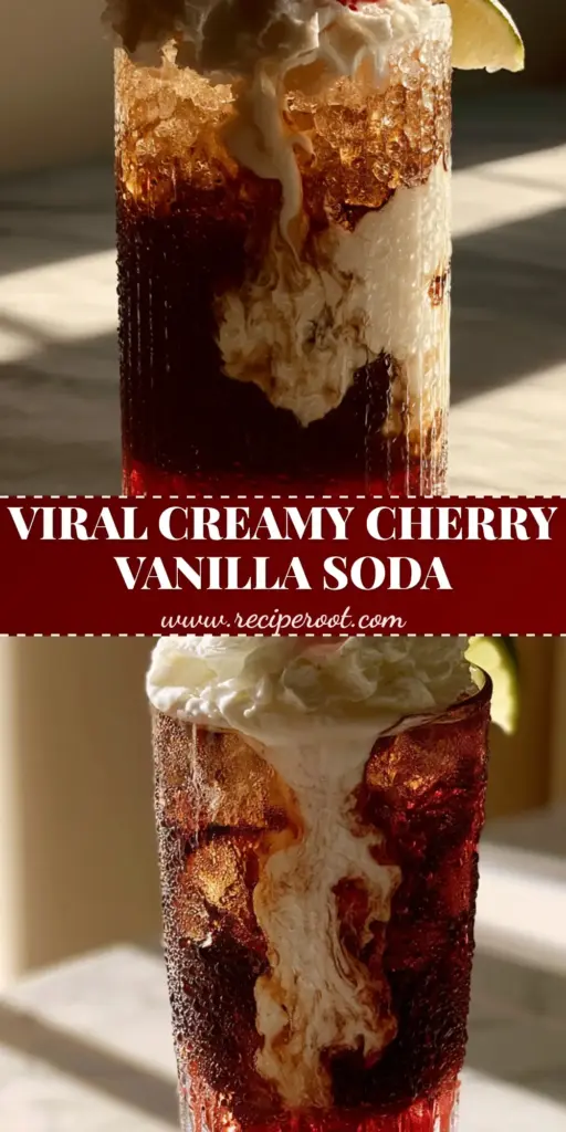 Cherry Vanilla Soda: The Ultimate Creamy Dirty Soda Recipe 4 A close-up shot of a cherry vanilla soda in a ribbed glass with heavy cream swirls and a maraschino cherry on top.