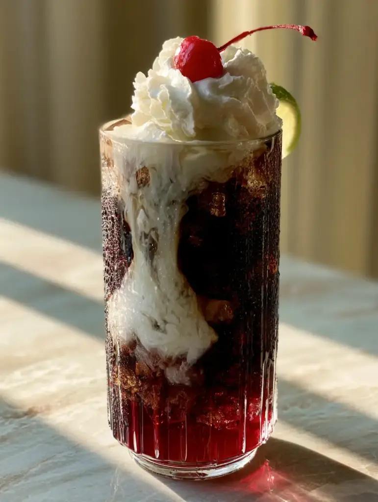 A tall ribbed glass filled with layered cherry vanilla soda, pebble ice, and cream ribbons under golden hour sunlight. (cherry vanilla soda)