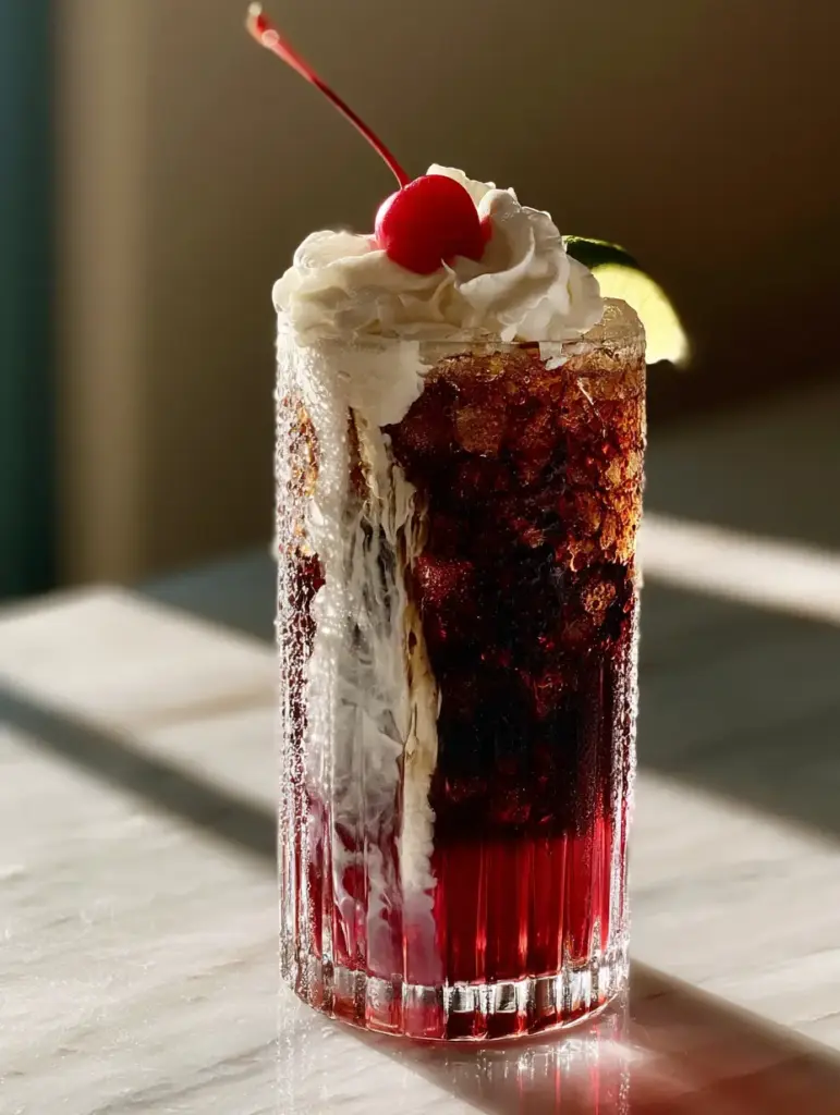 Cherry Vanilla Soda: The Ultimate Creamy Dirty Soda Recipe 1 A top-down view of whipped cream and a maraschino cherry on a creamy cherry vanilla soda.
