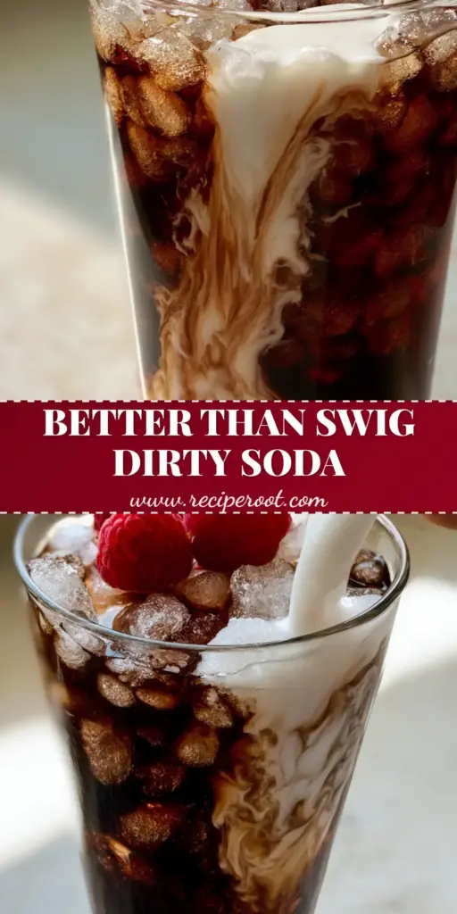 A handheld smartphone photo of a Raspberry Dream Dirty Soda with thick coconut cream swirling into dark Dr Pepper and a red raspberry base.