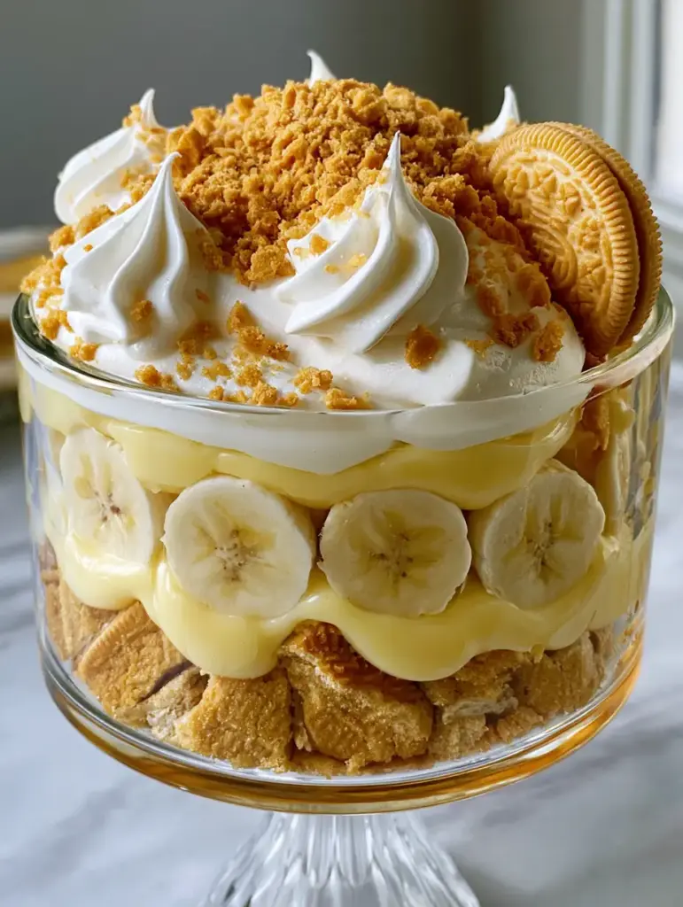 Golden Oreo Banana Pudding: The Ultimate Creamy Layered Trifle 1 Top view of stiff-peak whipped cream on Golden Oreo Banana Pudding decorated with cookie crumbles and a whole cookie.