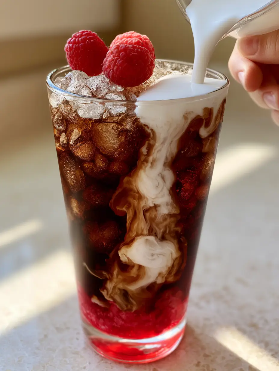 First-person view of pouring coconut cream into a Raspberry Dream Dirty Soda with pebble ice and fresh raspberries.