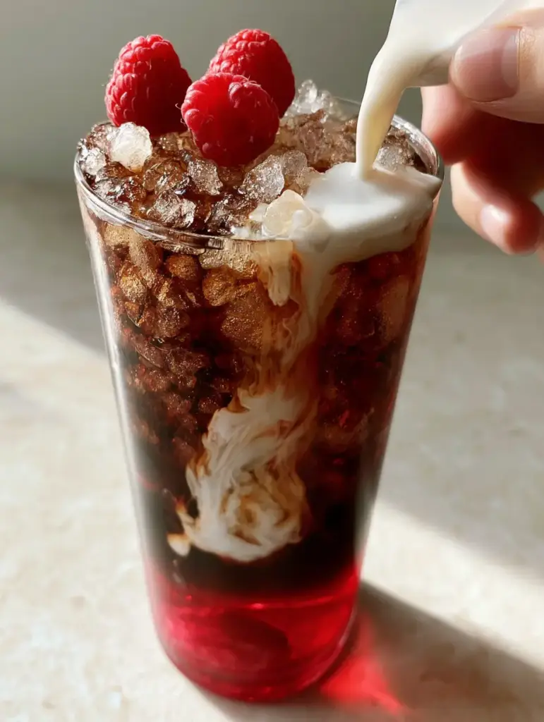 Close-up of the textured pebble ice and fresh raspberries on top of a Raspberry Dream Dirty Soda.