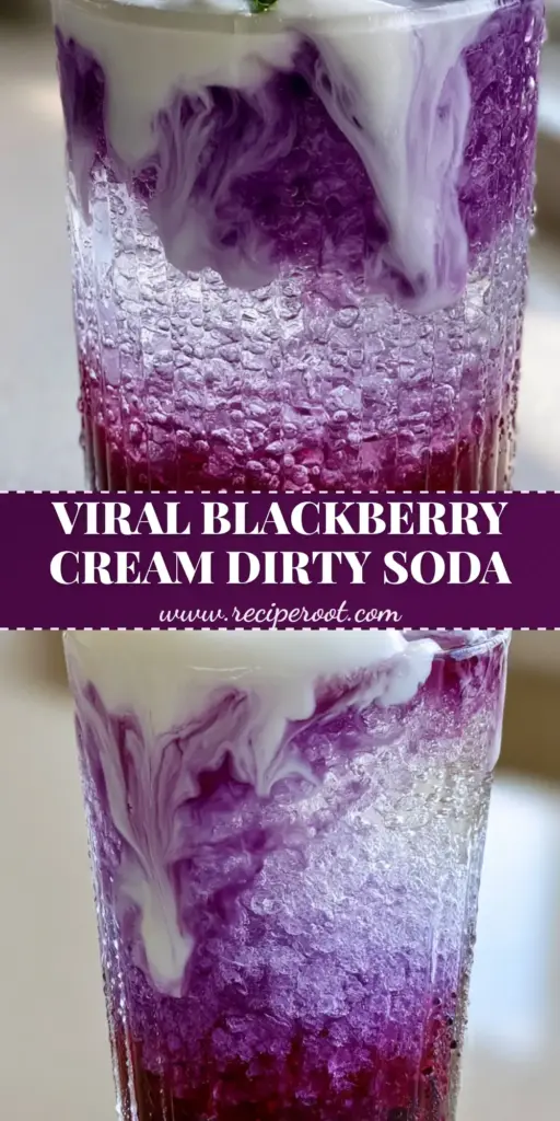 Blackberry Cream Dirty Soda: The Ultimate Refreshing Mocktail Recipe 4 A handheld smartphone photo of a blackberry cream dirty soda with pebble ice, dark purple syrup, and heavy cream swirls in a ribbed glass garnished with mint.