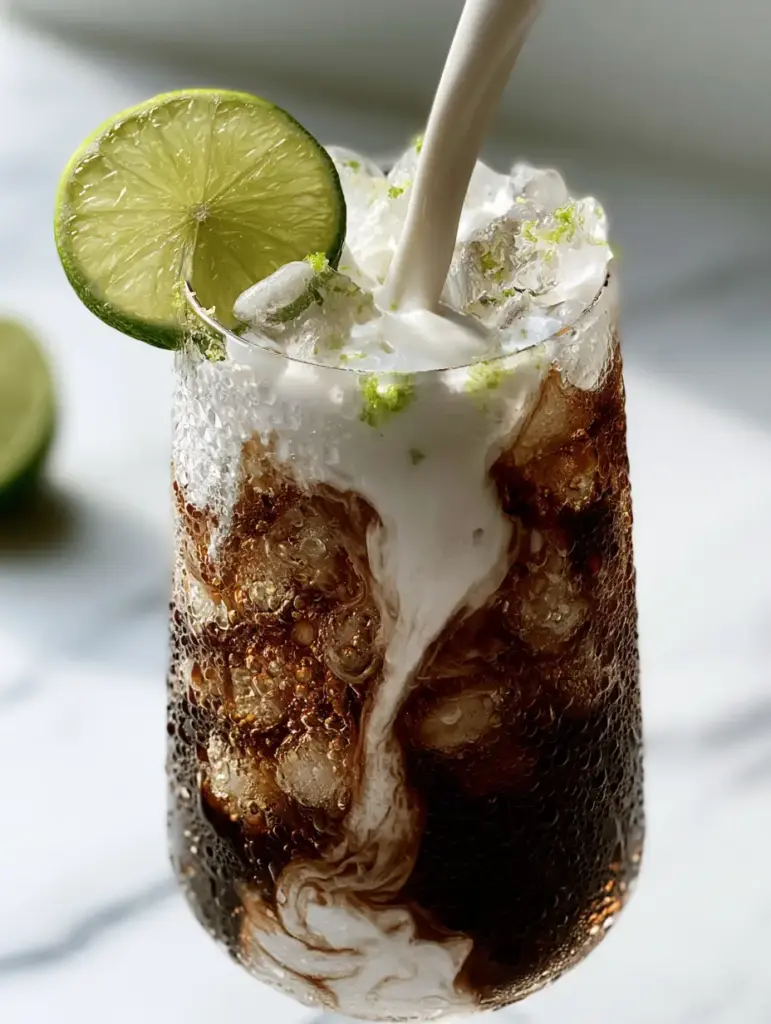 A POV shot of heavy coconut cream being poured into dark cola, creating white marble swirls in a glass with pebble ice. (dirty soda recipe)