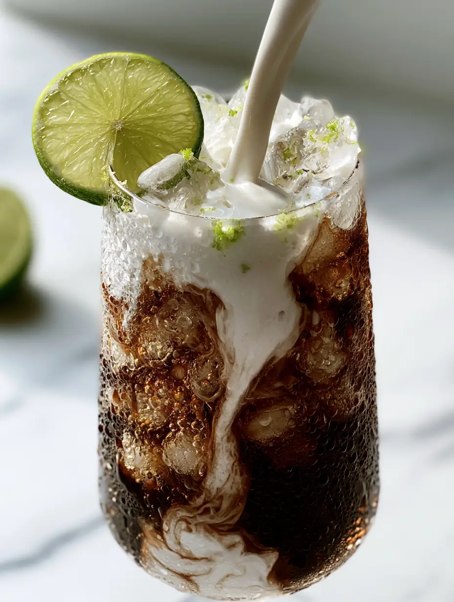 Dirty Soda Recipe: The Ultimate Creamy Coconut and Lime Refreshment 3 A POV shot of heavy coconut cream being poured into dark cola, creating white marble swirls in a glass with pebble ice. (dirty soda recipe)