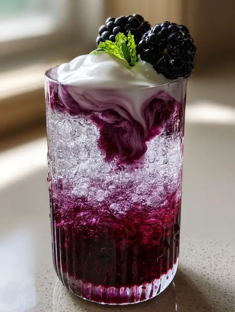 Extreme detail of heavy white cream cascading into deep violet blackberry syrup and pebble ice in a ribbed glass (blackberry cream dirty soda).