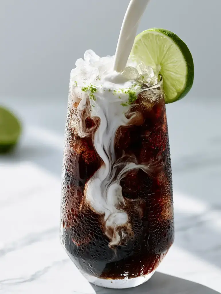 Dirty Soda Recipe: The Ultimate Creamy Coconut and Lime Refreshment 1 Close up of a dirty soda with lime zest flakes on the rim and heavy condensation droplets on a fluted glass.