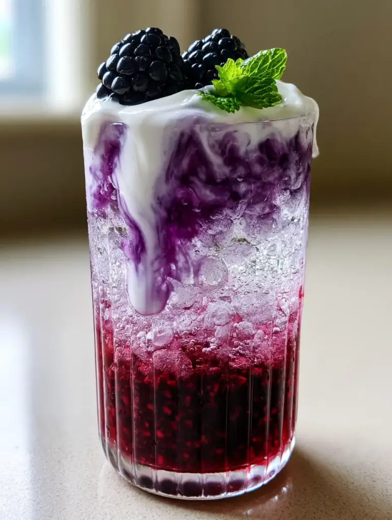 Blackberry Cream Dirty Soda: The Ultimate Refreshing Mocktail Recipe 1 A Blackberry Cream Dirty Soda garnished with fresh glistening blackberries and a vibrant mint sprig on a minimalist kitchen counter.