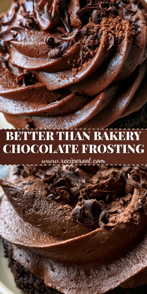 Chocolate Frosting: The Ultimate Velvety Dark Chocolate Buttercream 3 A massive velvety swirl of chocolate frosting with dark chocolate curls on a matte ceramic plate.