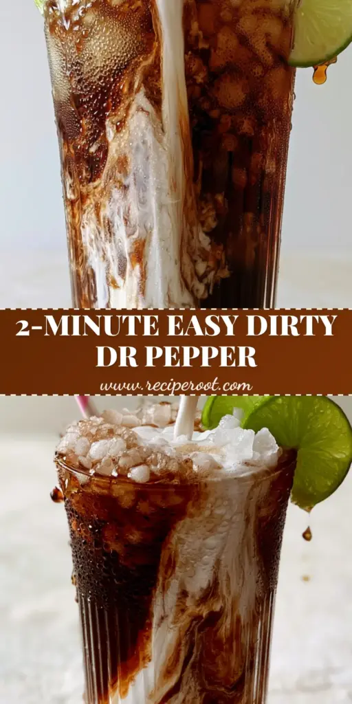 Dirty Dr Pepper: The Ultimate Creamy Coconut & Lime Soda Recipe 3 A tall glass of dirty Dr Pepper with a thick coconut cream swirl, pebbled ice, lime slices, and a pink striped straw on a stone countertop.