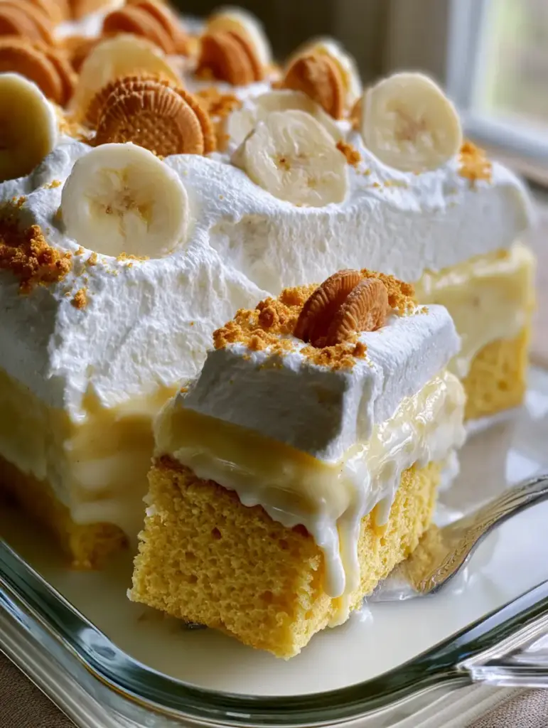 Banana Pudding Tres Leches: The Ultimate Southern-Mexican Fusion Dessert 1 A silver server lifting a slice of Banana Pudding Tres Leches showing the milk drip.