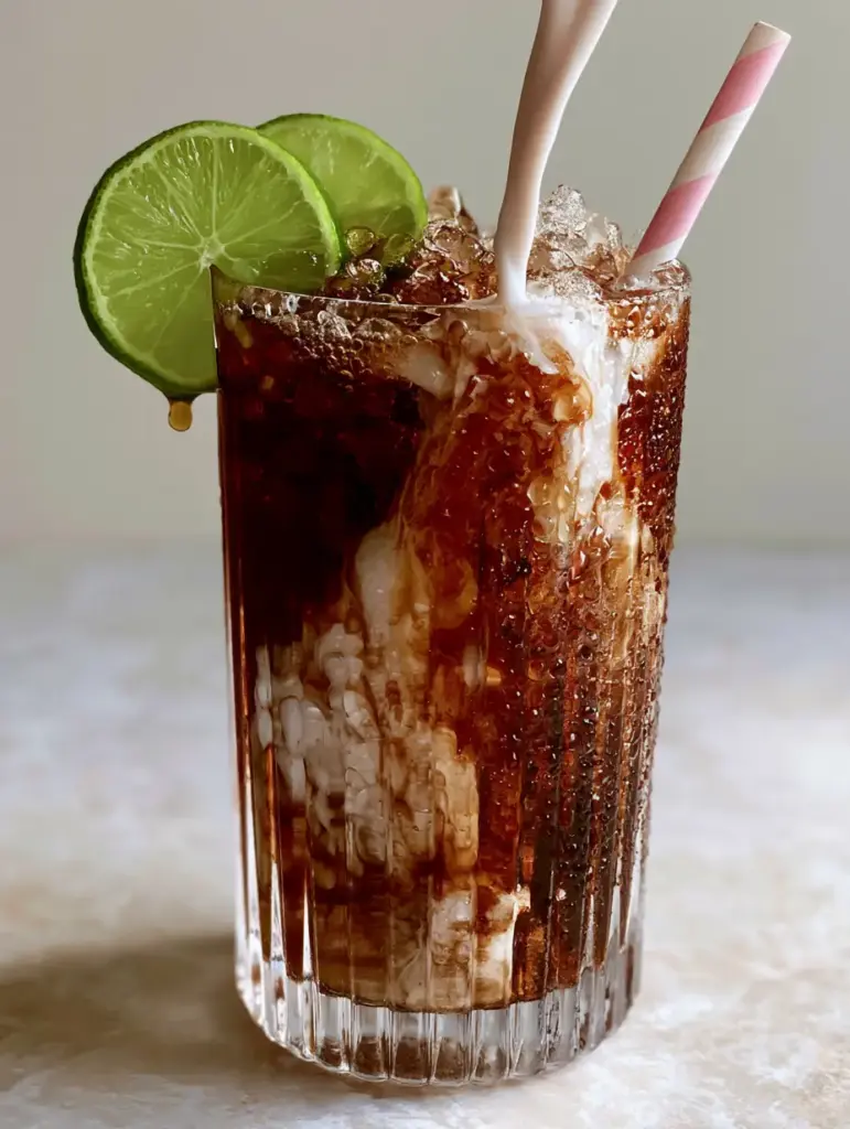 Thick coconut cream being poured into dark Dr Pepper creating a dramatic marble swirl. (dirty Dr Pepper)