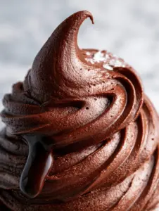 Extreme close-up of dark mahogany chocolate buttercream showing microscopic air bubbles and offset spatula marks. (chocolate frosting recipes)