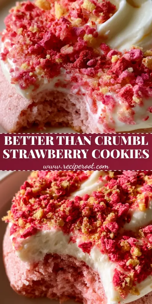 A thick Strawberry Crunch Cookie with a bite taken out, showing the moist chewy center and tall cream cheese frosting swirl encrusted with pink strawberry crumble.