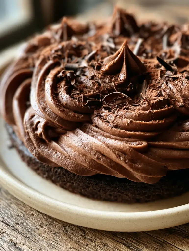 Chocolate Frosting: The Ultimate Velvety Dark Chocolate Buttercream 1 Thick chocolate buttercream swirls topped with fine chocolate curls and cocoa dusting.