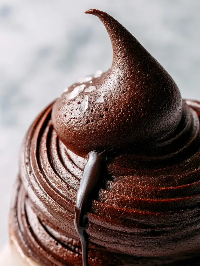 Chocolate Frosting Recipes: The Ultimate Mahogany Dark Cocoa Buttercream 1 A luscious swirl of chocolate frosting with a glossy ganache drip and scattered Maldon sea salt flakes.