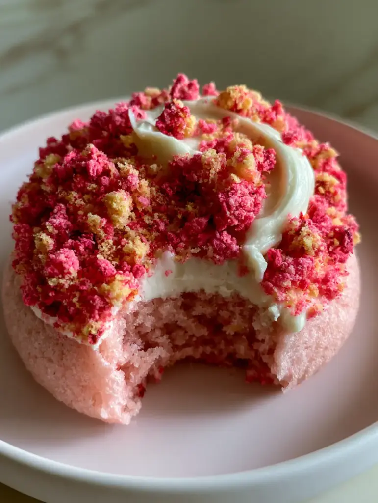 Extreme macro photography of Strawberry Crunch Cookies on a matte white dish, highlighting the jagged crispy texture of the strawberry crumble.
