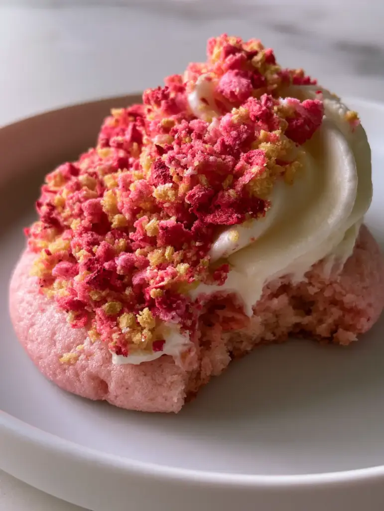 Strawberry Crunch Cookies with a velvety swirl of snow-white frosting and tiny bits of dried strawberry.