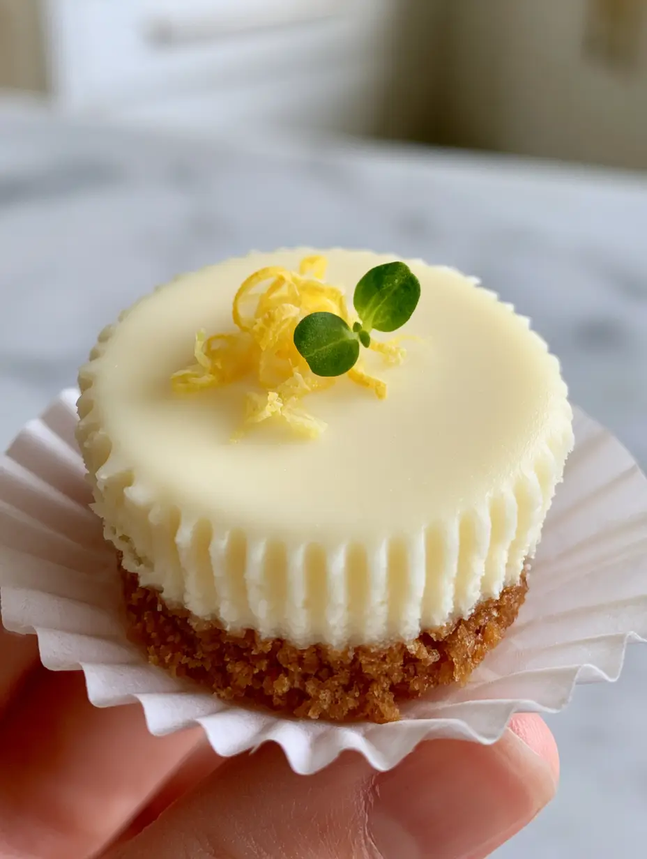 A single Mini Lemon Cheesecake held between two fingers, showing the buttery graham cracker crust and smooth pale yellow filling. (Mini Lemon Cheesecakes)