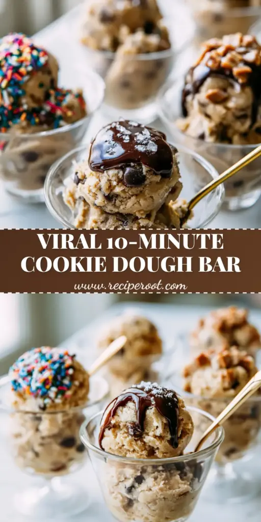 A luxurious Cookie Dough Bar featuring scoops of edible dough in clear glass cups with gold spoons, topped with sprinkles and chocolate drizzle.