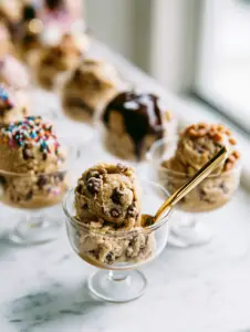 Close up of a Cookie Dough Bar station on a white marble countertop with visible mini chocolate chips.