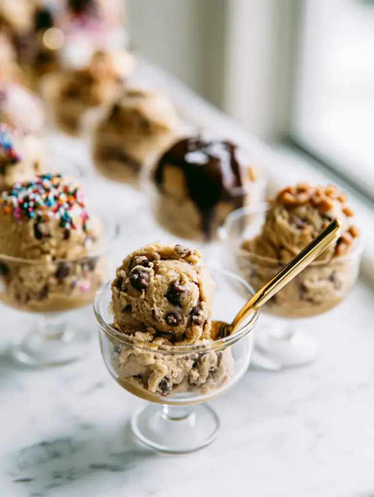 Close up of a Cookie Dough Bar station on a white marble countertop with visible mini chocolate chips.