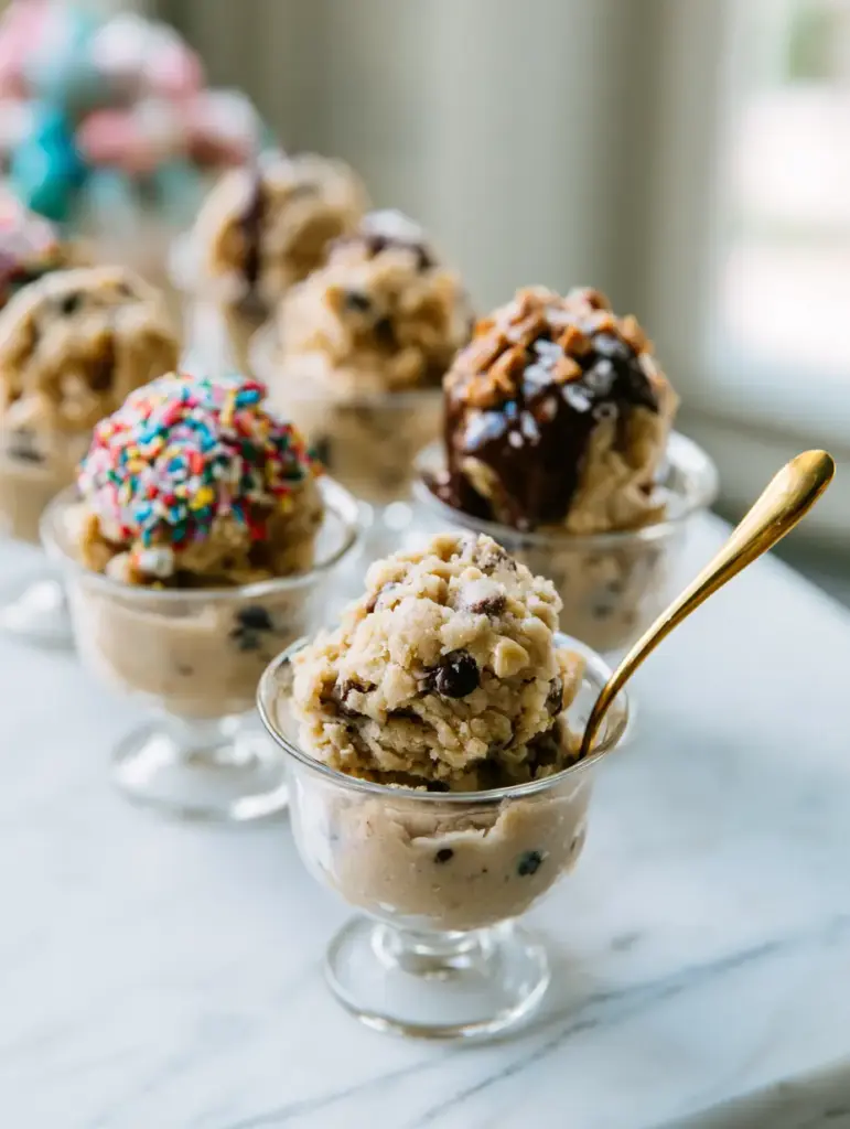 Multiple clear dessert cups filled with scoops of dough at a festive Cookie Dough Bar.