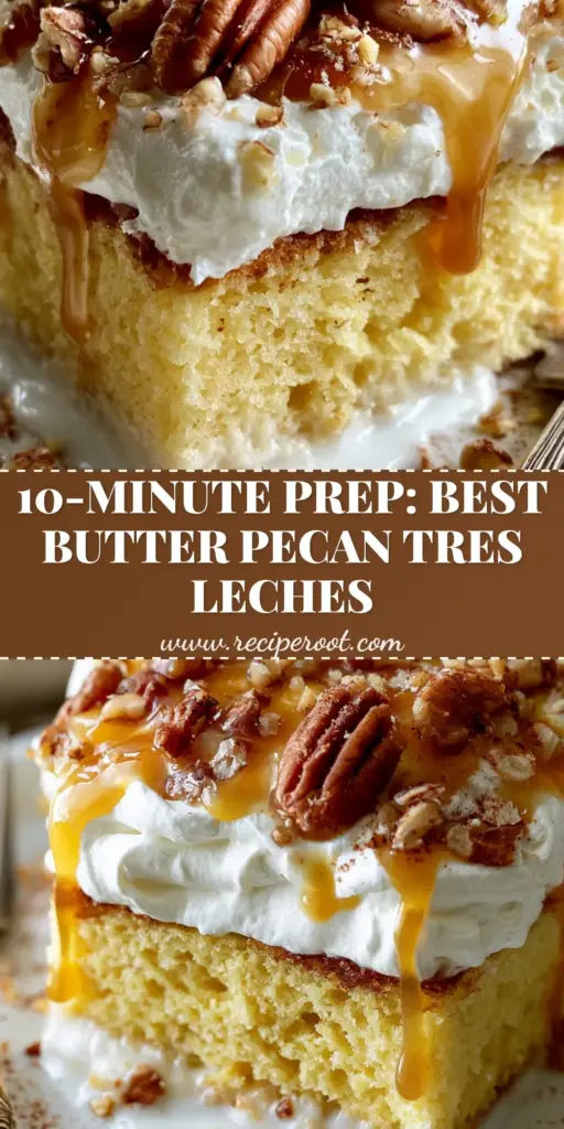 Butter Pecan Tres Leches Cake: The Ultimate Caramel-Drizzled Dessert 4 A close-up cross-section of butter pecan tres leches cake with a 1-inch whipped cream topping, pecans, and caramel drizzle on a rustic plate.
