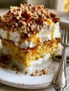 High-angle view of a slice of butter pecan tres leches cake showing the milk soak and caramel drips.
