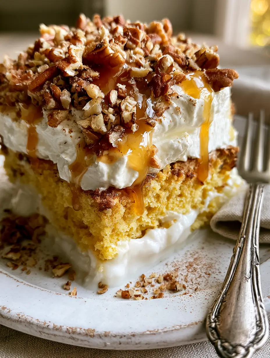 Butter Pecan Tres Leches Cake: The Ultimate Caramel-Drizzled Dessert 3 High-angle view of a slice of butter pecan tres leches cake showing the milk soak and caramel drips.