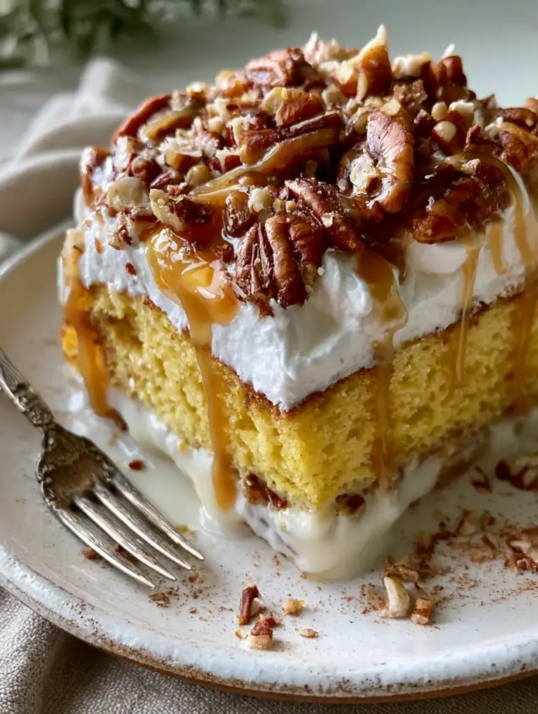 Butter Pecan Tres Leches Cake: The Ultimate Caramel-Drizzled Dessert 1 A rustic smartphone-style photo of butter pecan tres leches cake with a silver fork on the side.