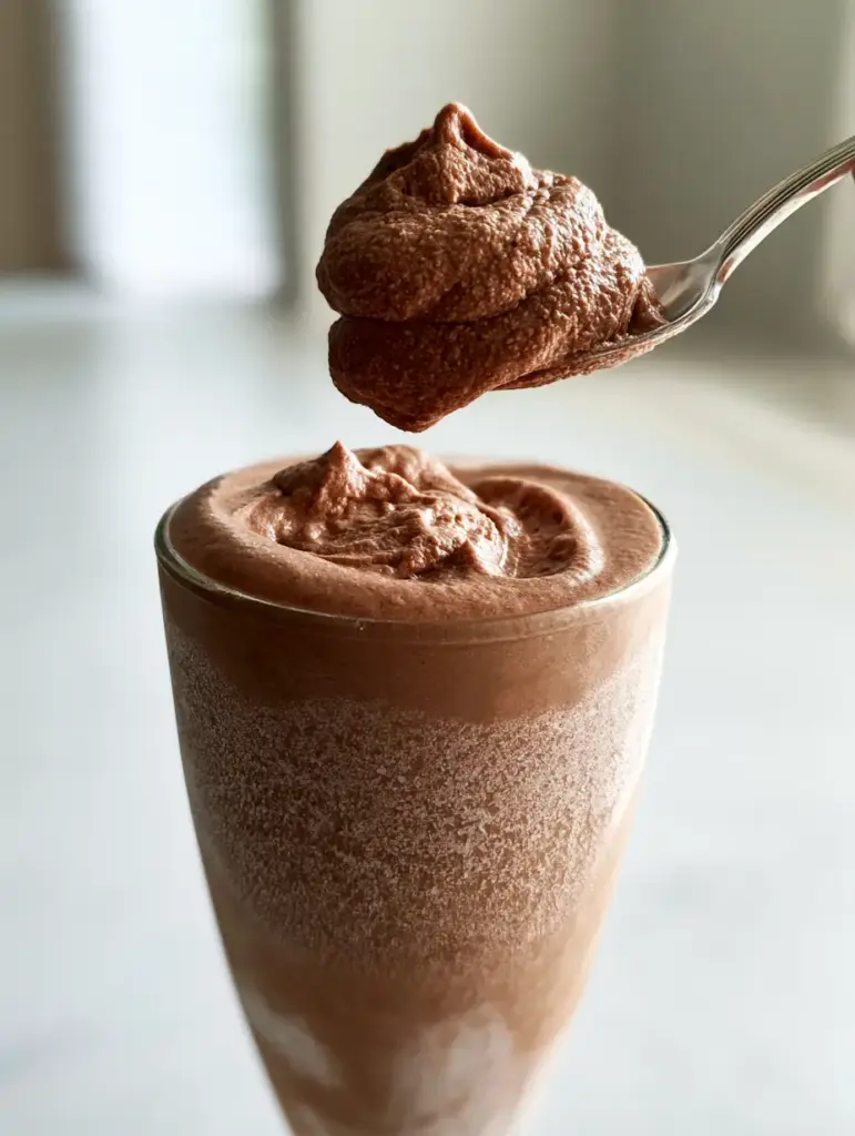 Wendy's Frosty Slushie Recipe: The Ultimate Malted Copycat 1 A silver spoon holding a thick swirl of chocolate malt frosty with visible condensation on the glass.