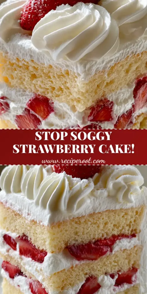 A tall slice of Strawberry Cream Cake on a white plate showing layers of pale golden sponge and stabilized whipped cream with strawberry halves.