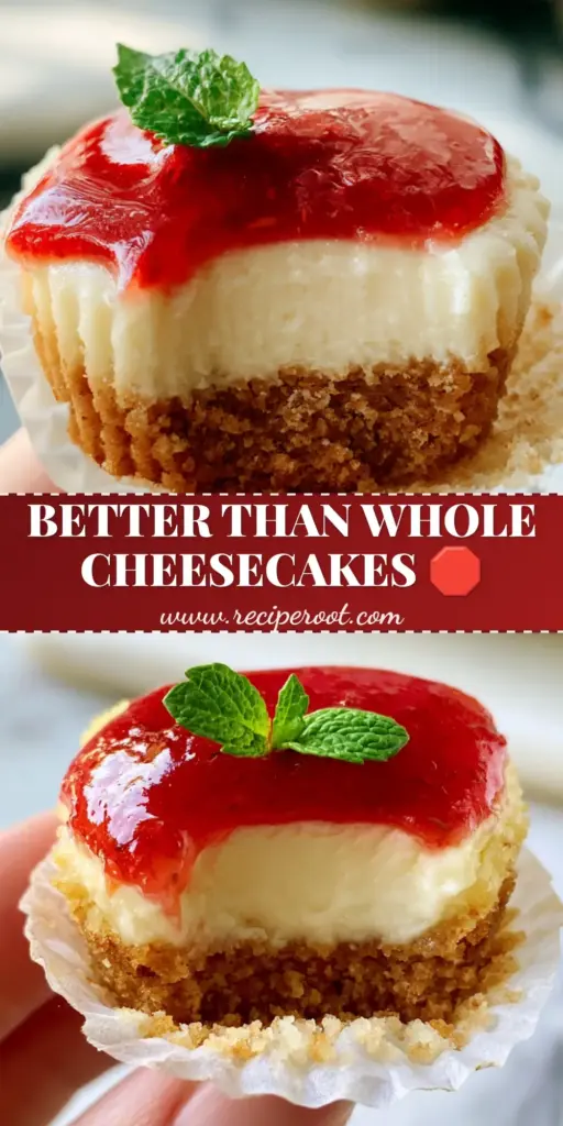 Mini Cheesecakes with Glossy Strawberry Coulis and Graham Cracker Crust 4 A close-up shot of Mini Cheesecakes in white paper liners with vibrant glossy strawberry coulis and a fresh mint sprig on a marble counter.