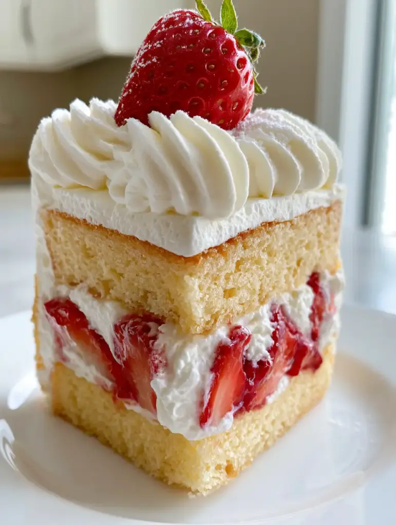 Home 6 A handheld smartphone photo of a tall Strawberry Cream Cake slice with sharp piped whipped cream swirls and a whole strawberry on top.
