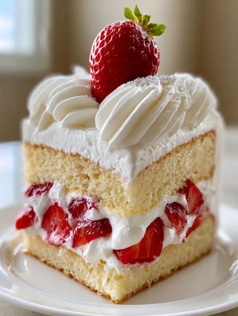 Side view of a Strawberry Cream Cake featuring three layers of sponge and thick, snow-white stabilized whipped cream.