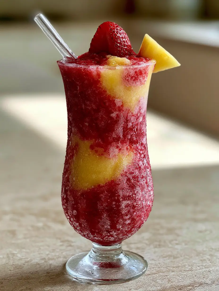 Close up of the velvety whipped texture of pineapple strawberry slushies with a glass straw.