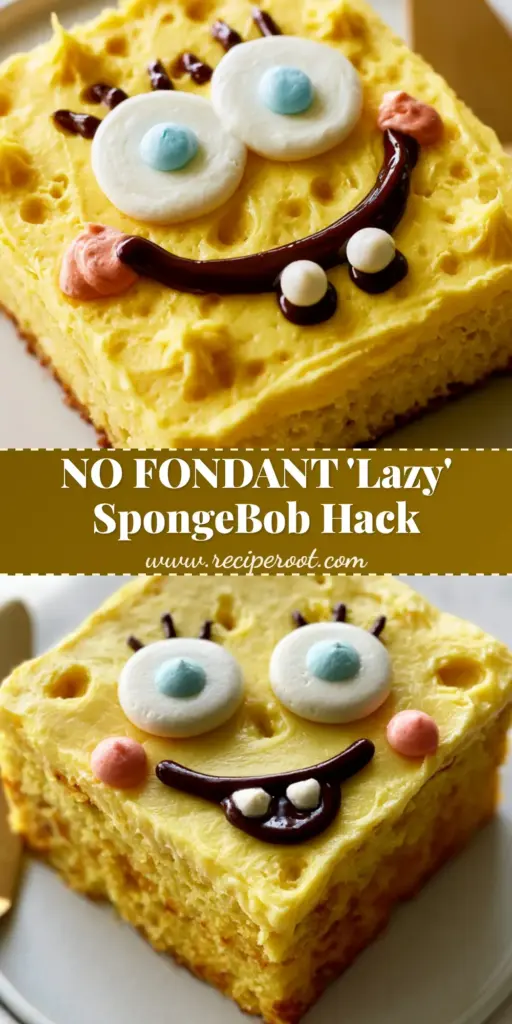A high-angle photo of a square sponge bob patrick birthday cake with yellow buttercream and a piped face on a white plate.
